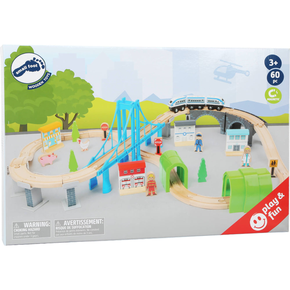 Circuit de tren din lemn, Small Foot, 60 piese, 3 ani+