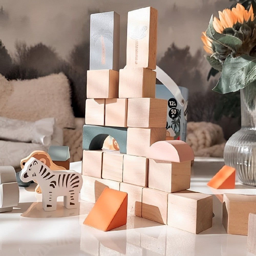 Cuburi de construcție din lemn, Small Foot, Safari, 50 piese, 12 luni+
