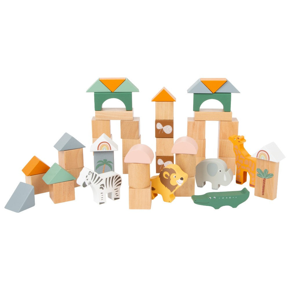 Cuburi de construcție din lemn, Small Foot, Safari, 50 piese, 12 luni+