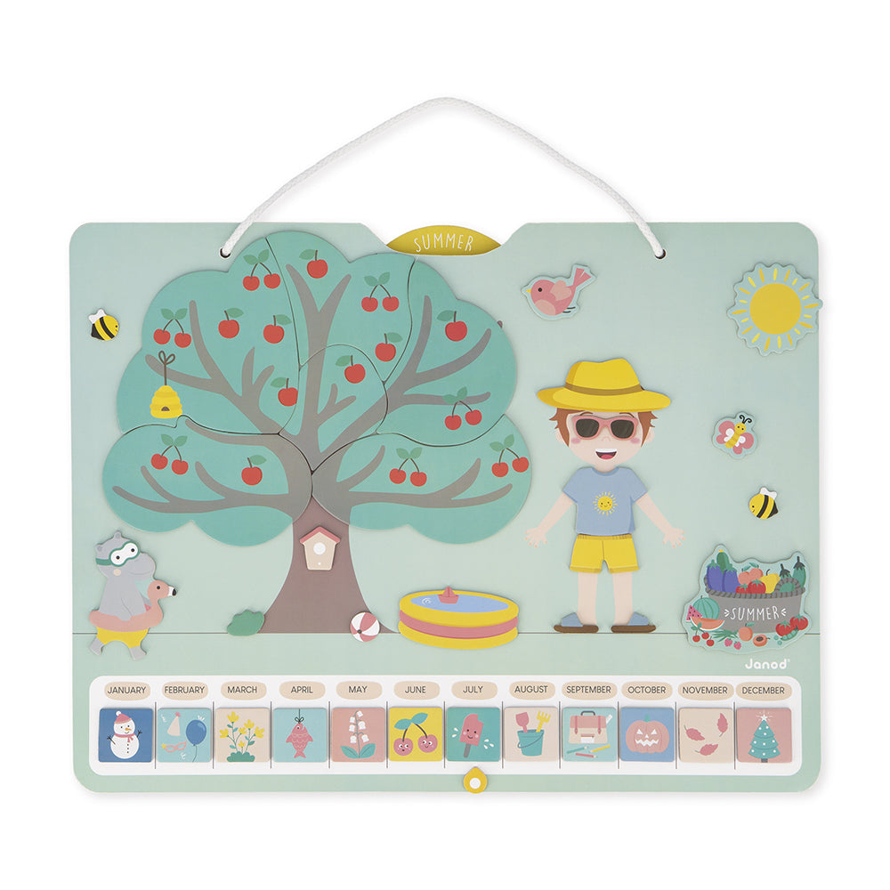 Joc educativ, Calendarul anotimpurilor în engleză, din lemn, Janod, 3 ani+