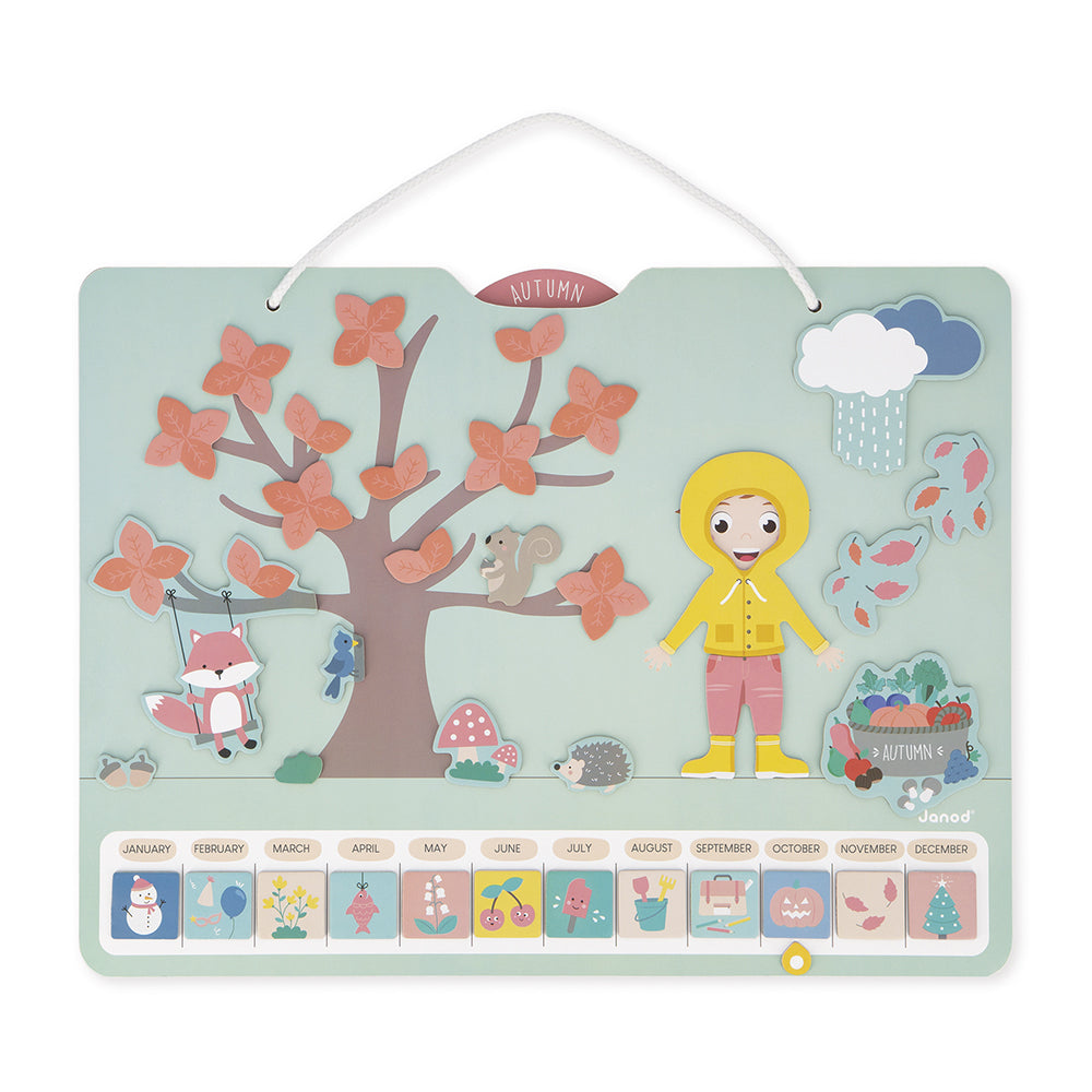 Joc educativ, Calendarul anotimpurilor în engleză, din lemn, Janod, 3 ani+