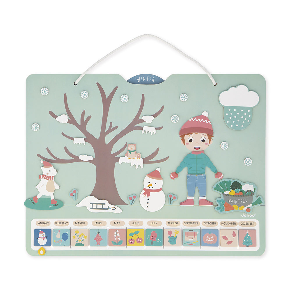 Joc educativ, Calendarul anotimpurilor în engleză, din lemn, Janod, 3 ani+