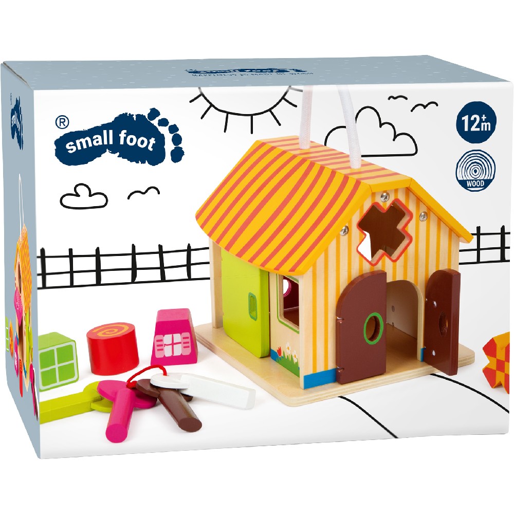 Căsuță din lemn cu activități motorii, Small Foot, 9 piese, 12 luni+