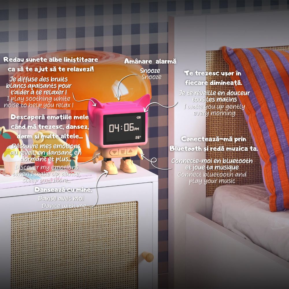 Ceas cu alarmă interactiv și boxă portabilă, Dancing Clock, Roz, MOB Paris