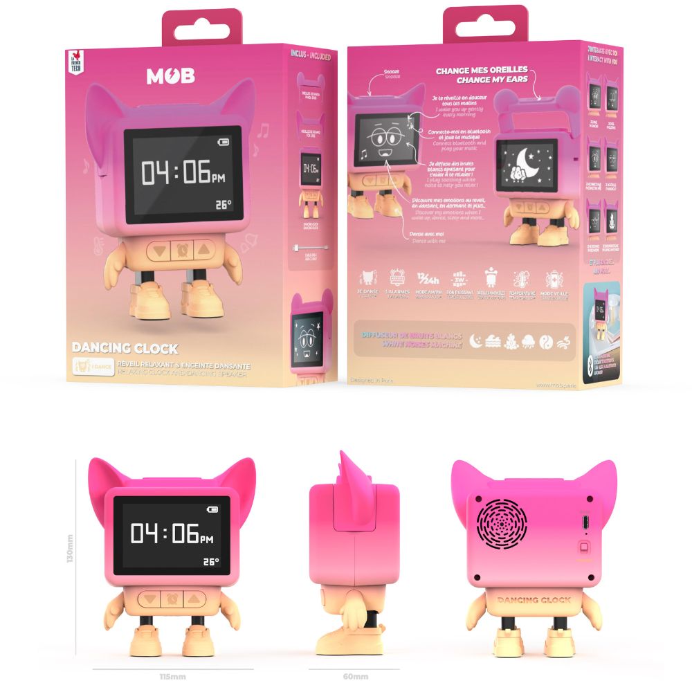 Ceas cu alarmă interactiv și boxă portabilă, Dancing Clock, Roz, MOB Paris