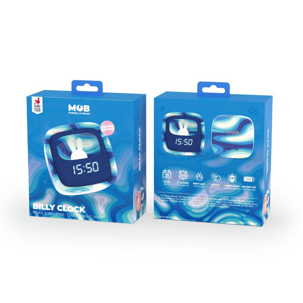 Ceas digital cu lampă de veghe, Billy Blue Waves, MOB Paris, 3 ani+