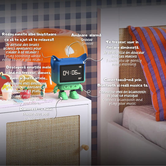 Ceas cu alarmă interactiv și boxă portabilă, Dancing Clock, Albastru, MOB Paris