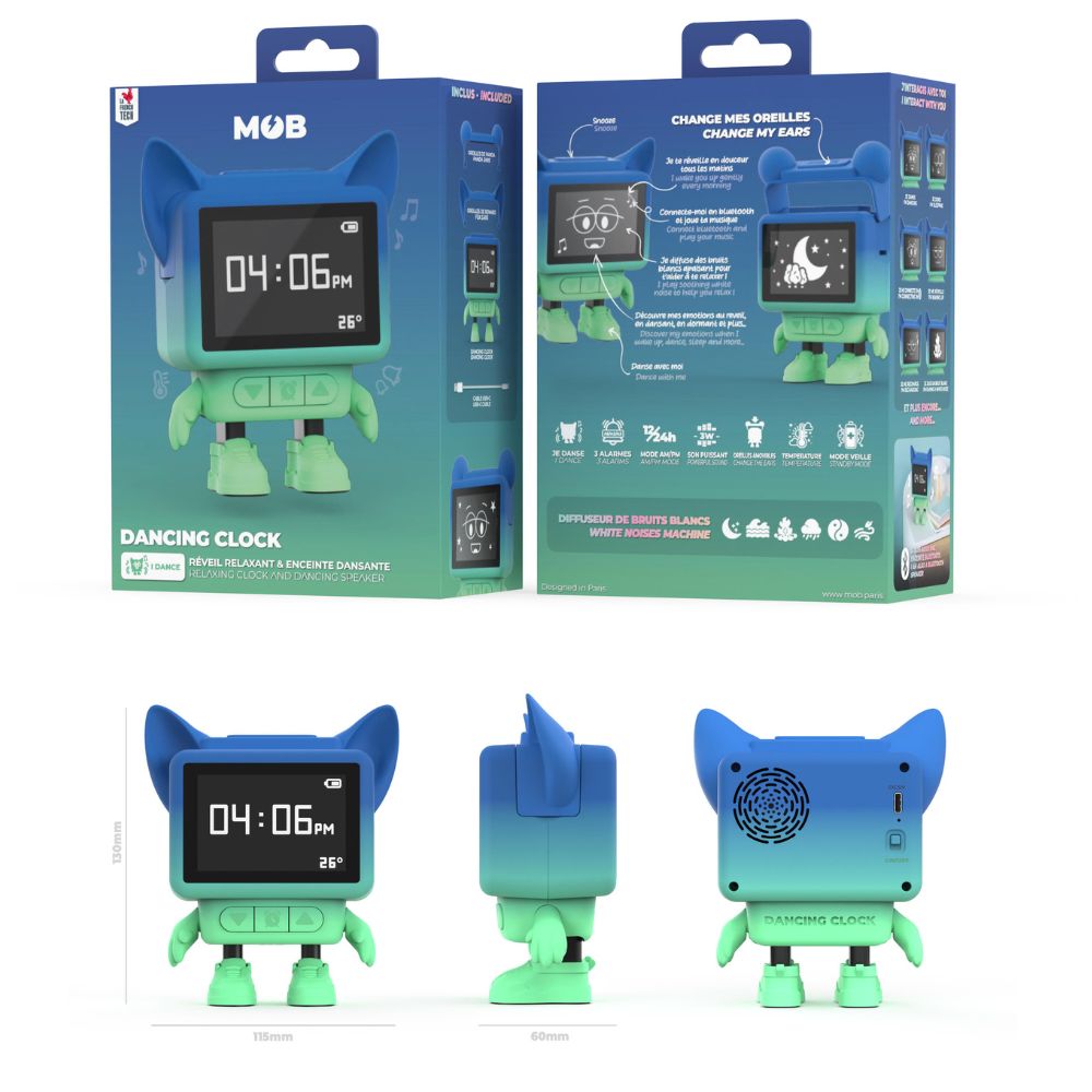 Ceas cu alarmă interactiv și boxă portabilă, Dancing Clock, Albastru, MOB Paris