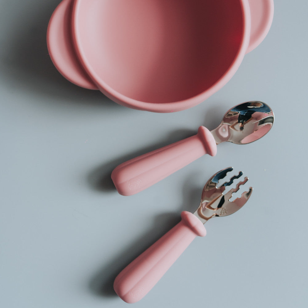 Set diversificare bol silicon cu tacâmuri, Elpi, Flamingo, 3 piese, 6 luni+