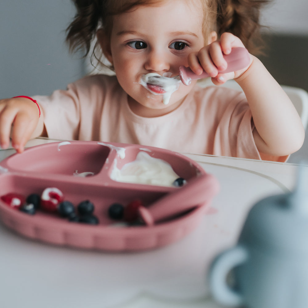 Set diversificare farfurie silicon cu tacâmuri, Elpi, Flamingo, 3 piese, 6 luni+