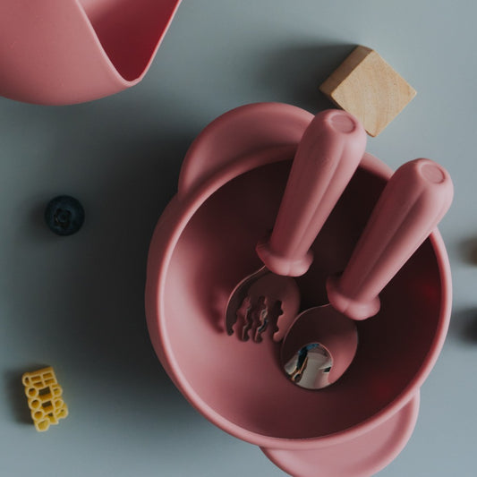 Set diversificare bol silicon cu tacâmuri, Elpi, Flamingo, 3 piese, 6 luni+