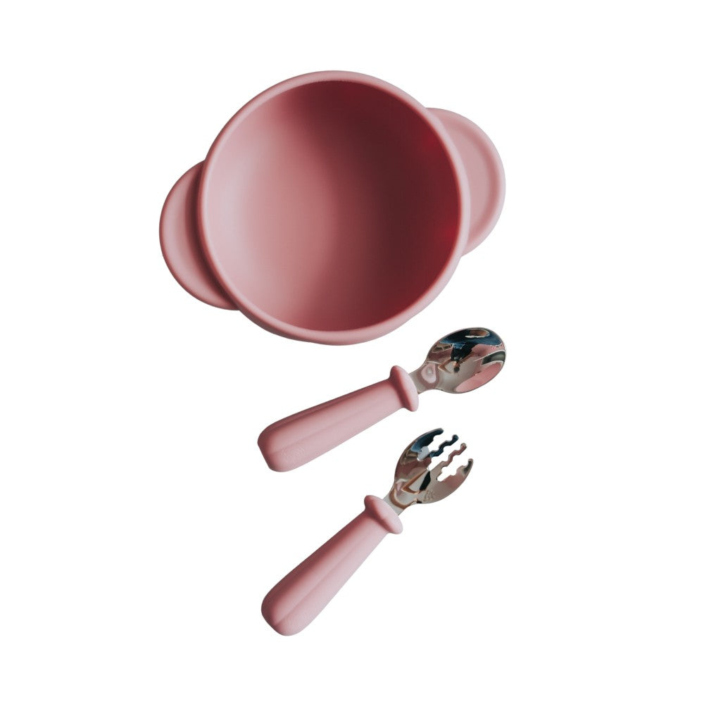 Set diversificare bol silicon cu tacâmuri, Elpi, Flamingo, 3 piese, 6 luni+
