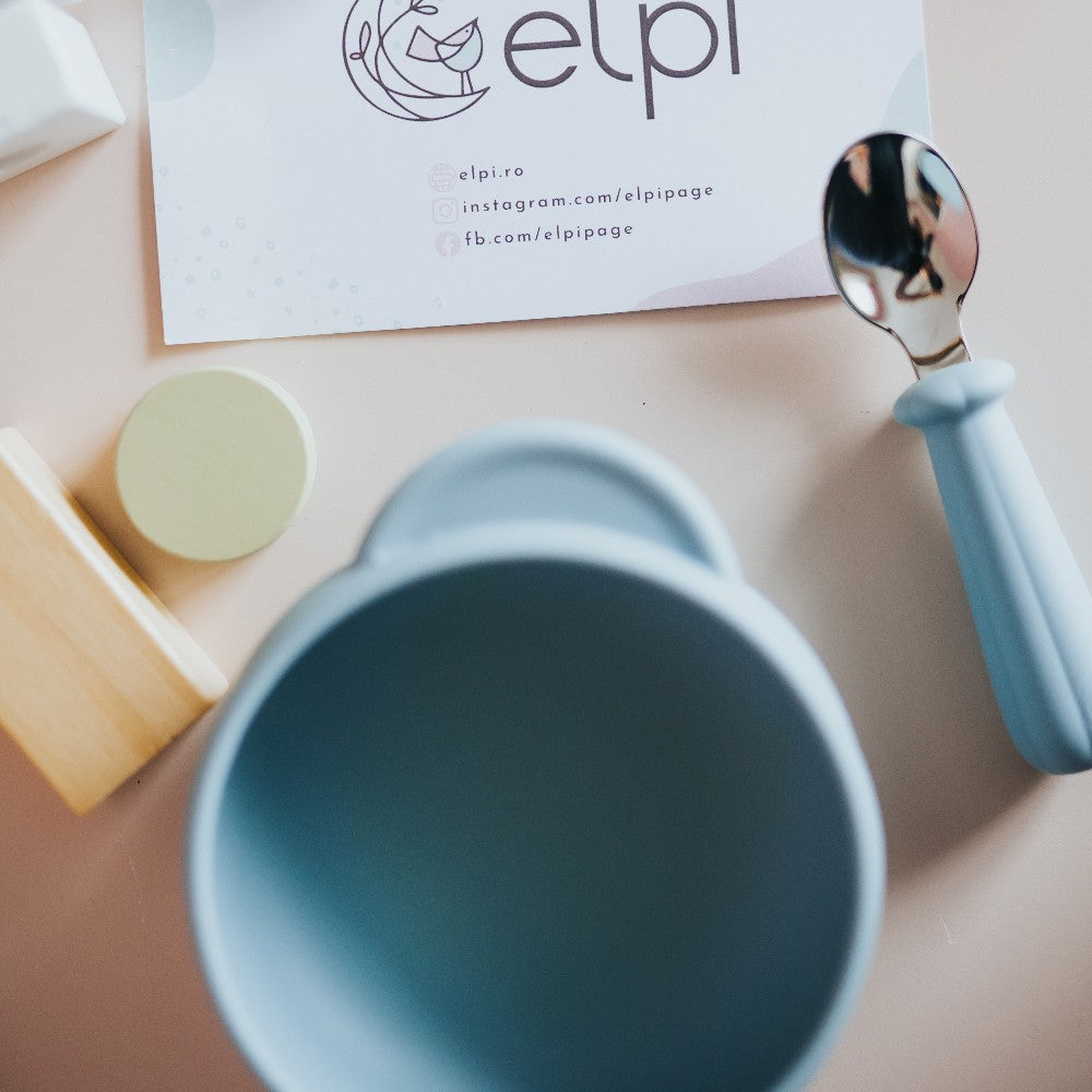Set diversificare bol silicon cu tacâmuri și bavetă, Elpi, Sky, 4 piese, 6 luni+