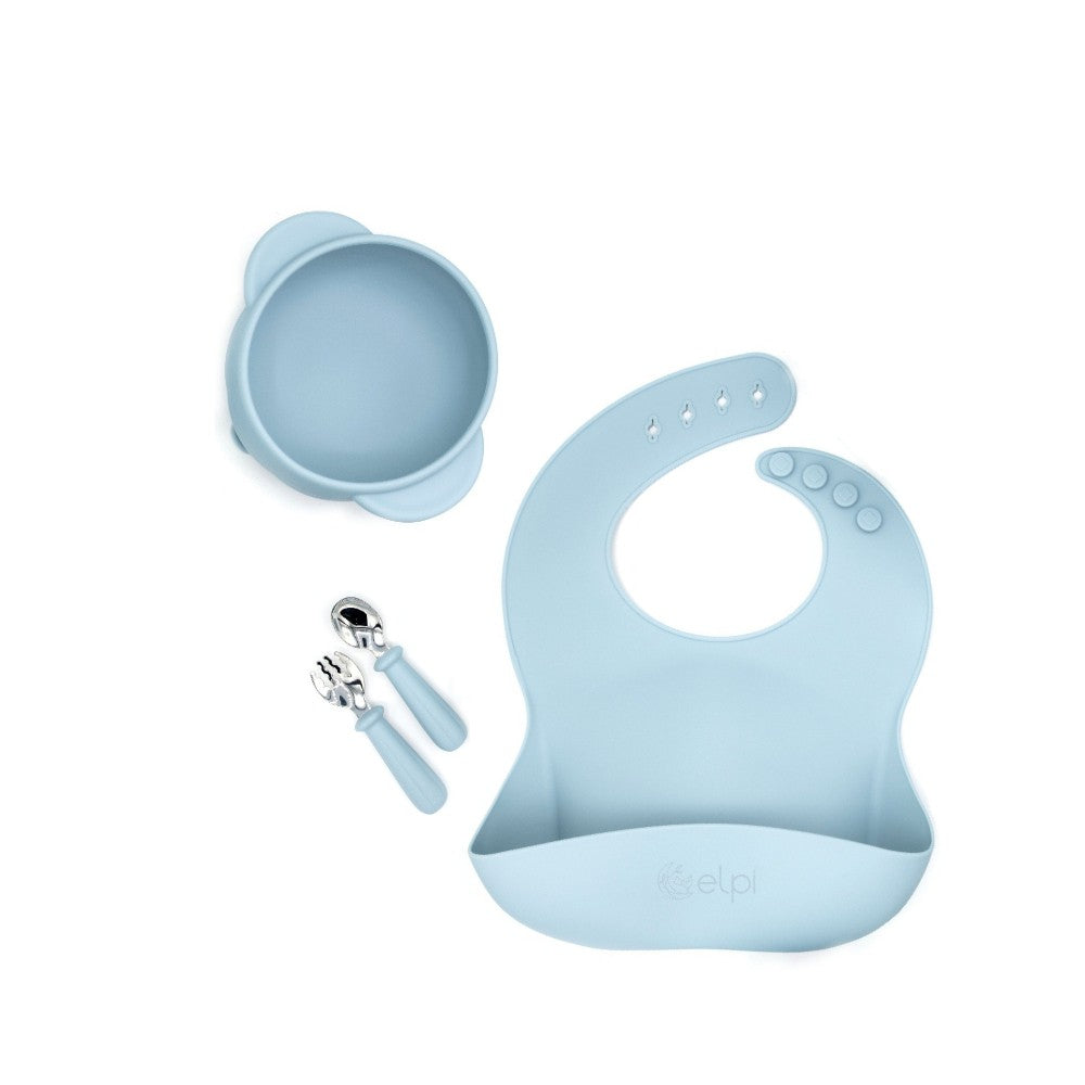 Set diversificare bol silicon cu tacâmuri și bavetă, Elpi, Sky, 4 piese, 6 luni+