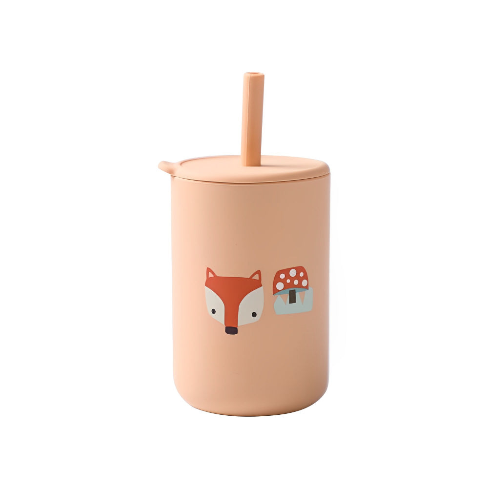 Pahar din silicon cu pai și capac anti-scurgere pentru copii, Foxy, Portocaliu, 150 ml, 6 luni+