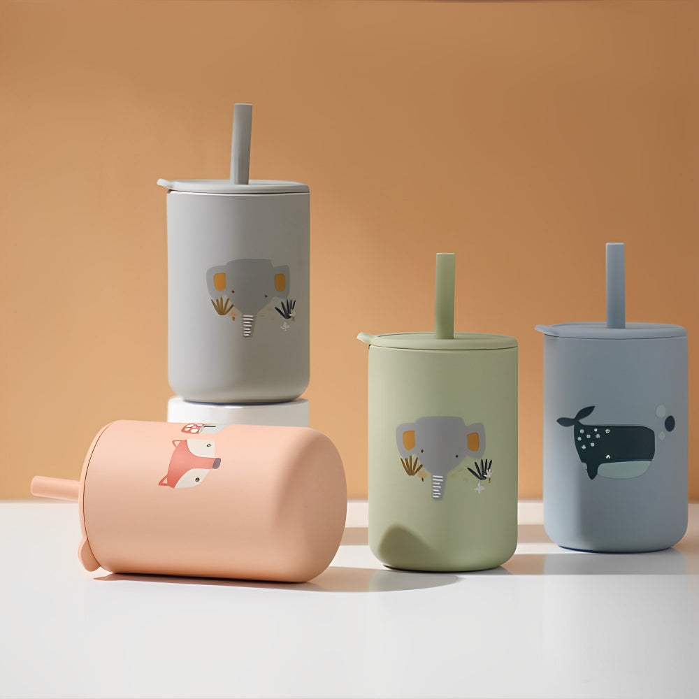 Pahar din silicon cu pai și capac anti-scurgere pentru copii, Foxy, Portocaliu, 150 ml, 6 luni+