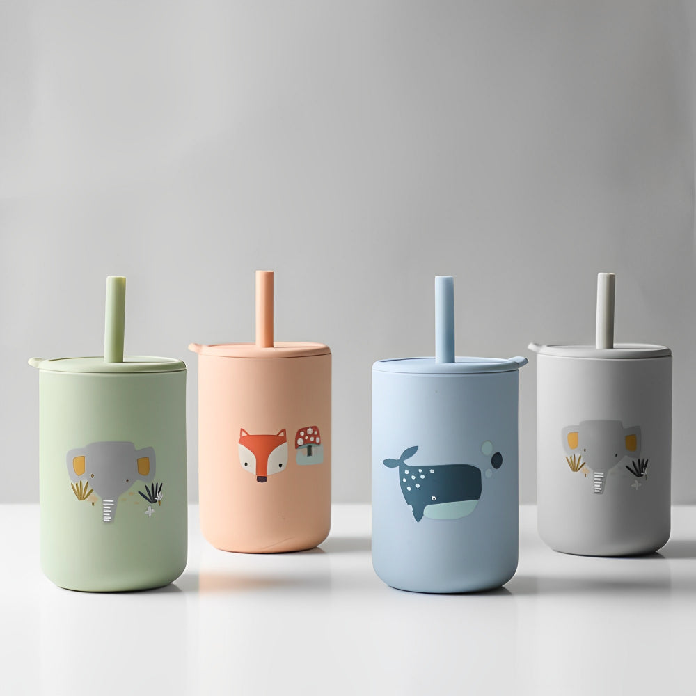 Pahar din silicon cu pai și capac anti-scurgere pentru copii, Foxy, Portocaliu, 150 ml, 6 luni+
