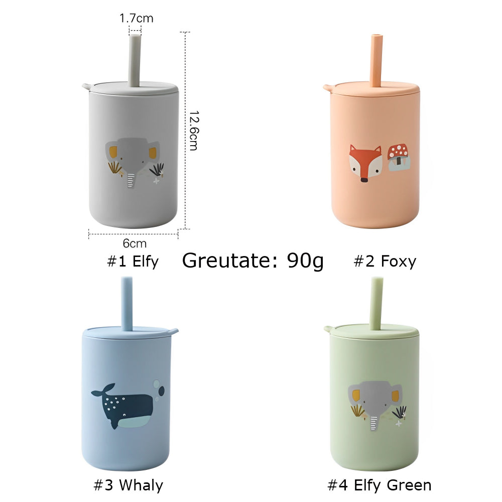 Pahar din silicon cu pai și capac anti-scurgere pentru copii, Foxy, Portocaliu, 150 ml, 6 luni+