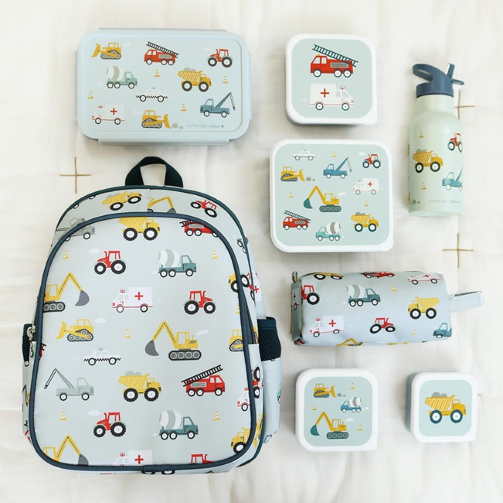 Ghiozdan copii cu 2 compartimente, Vehicule, A Little Lovely Company, 3-7 ani