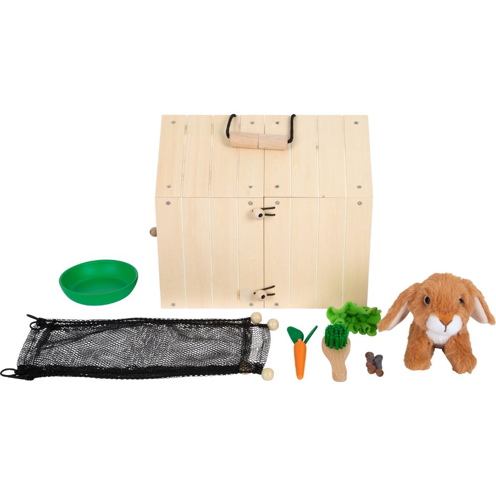 Iepuraș de pluș cu căsuță cu gard de plasă și accesorii, Small Foot, 16 piese, 3 ani+