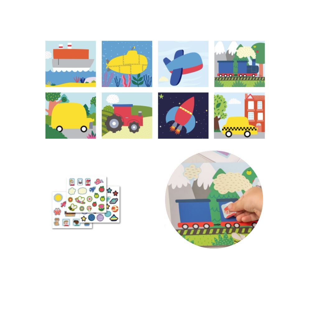 Joc creativ cu autocolante, Mijloace de transport, APLI, 3 ani+