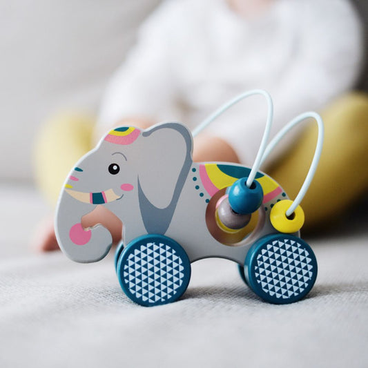 Jucărie de tras, Elefant din lemn FSC® cu labirint de bile, Jungle, Small Foot, 1 an+