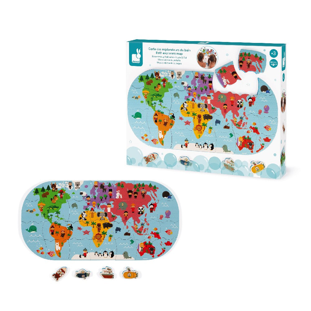 Jucărie de baie - Puzzle Harta Lumii, Janod, 32 piese, 3 ani+
