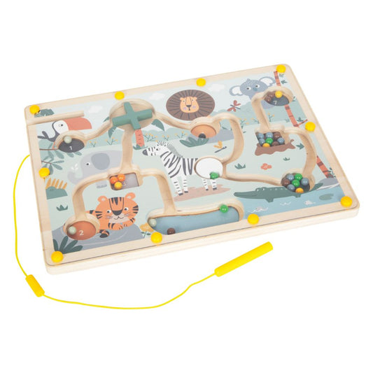 Labirint Magnetic din Lemn, Joc educativ cu bile colorate și obstacole, Safari, Small Foot