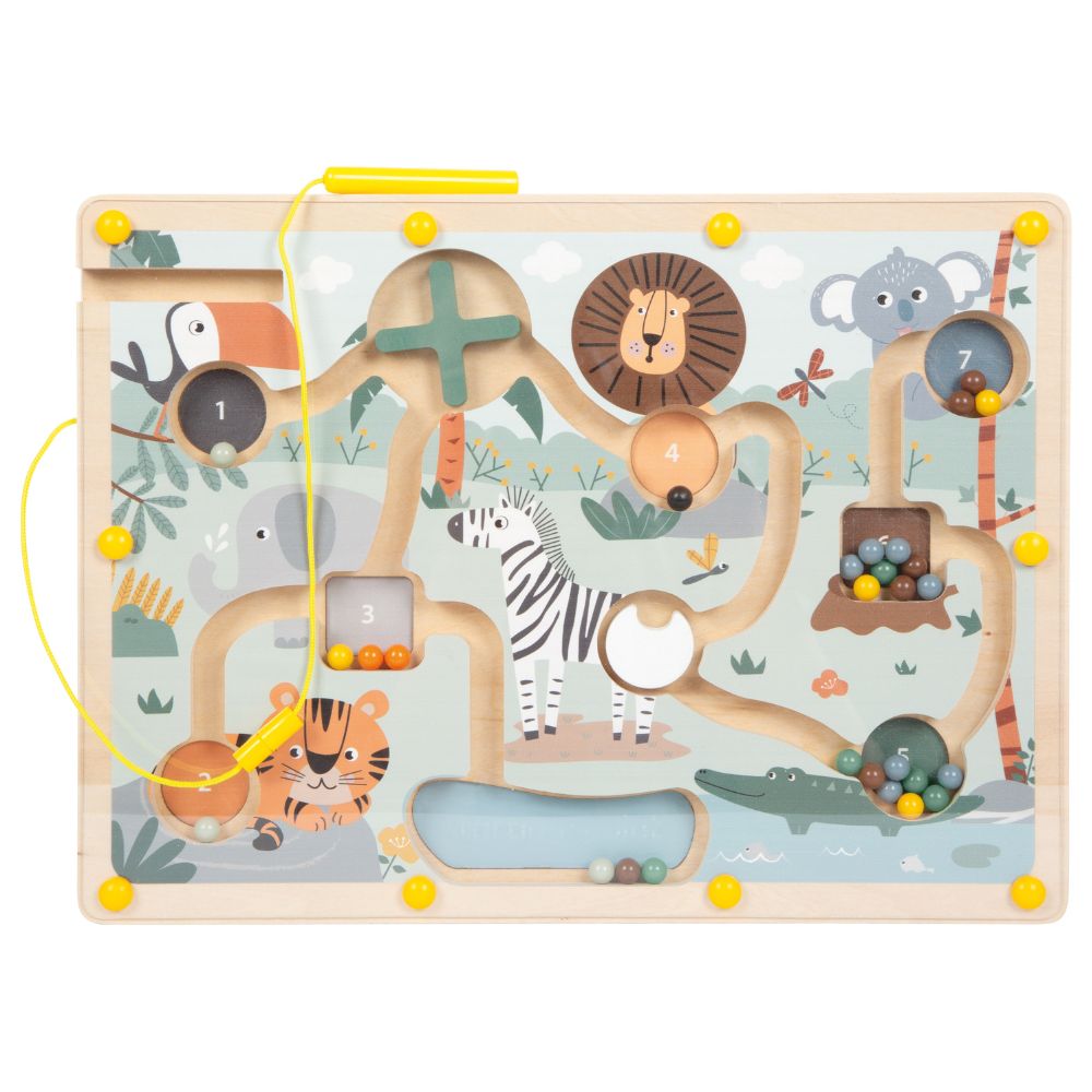 Labirint Magnetic din Lemn, Joc educativ cu bile colorate și obstacole, Safari, Small Foot