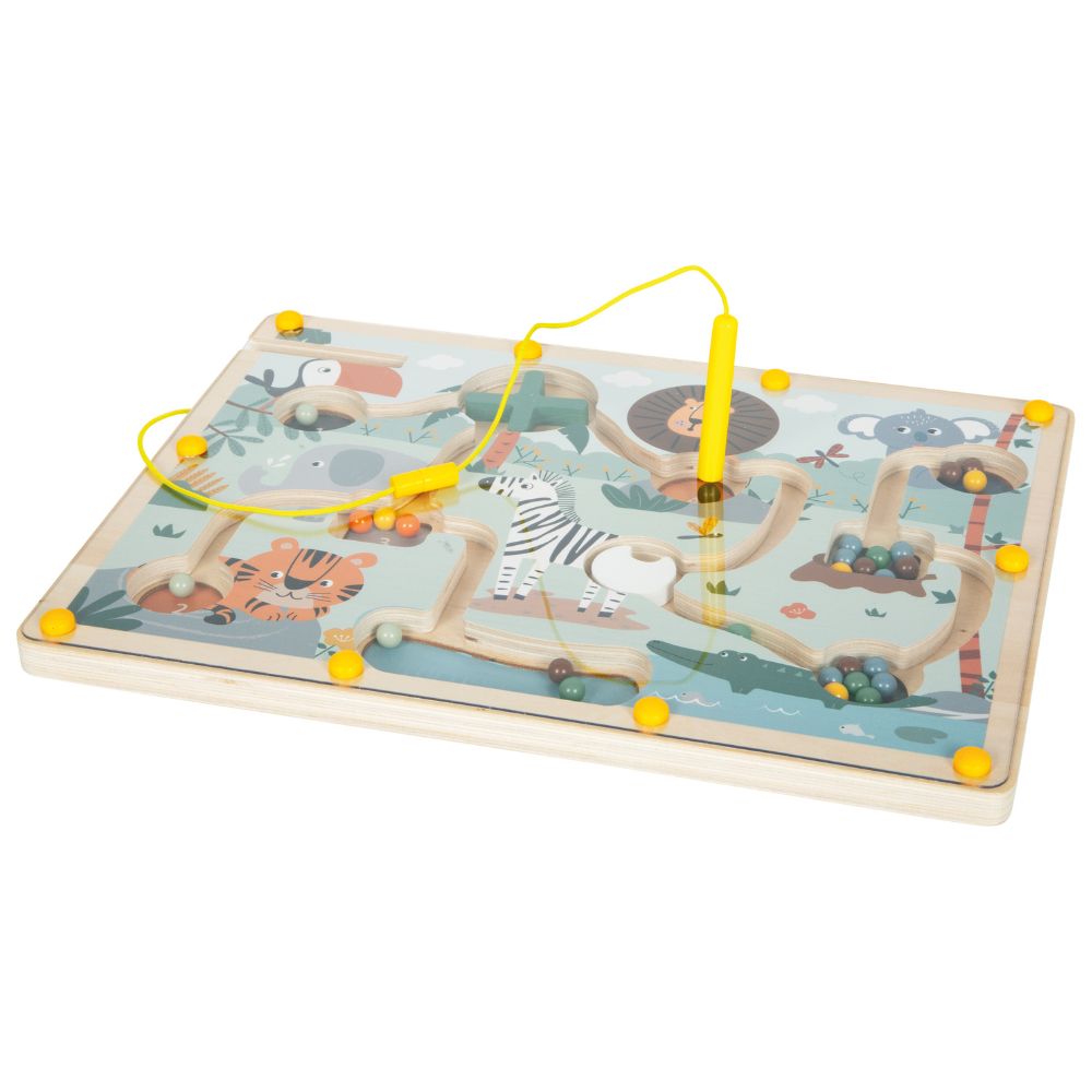 Labirint Magnetic din Lemn, Joc educativ cu bile colorate și obstacole, Safari, Small Foot