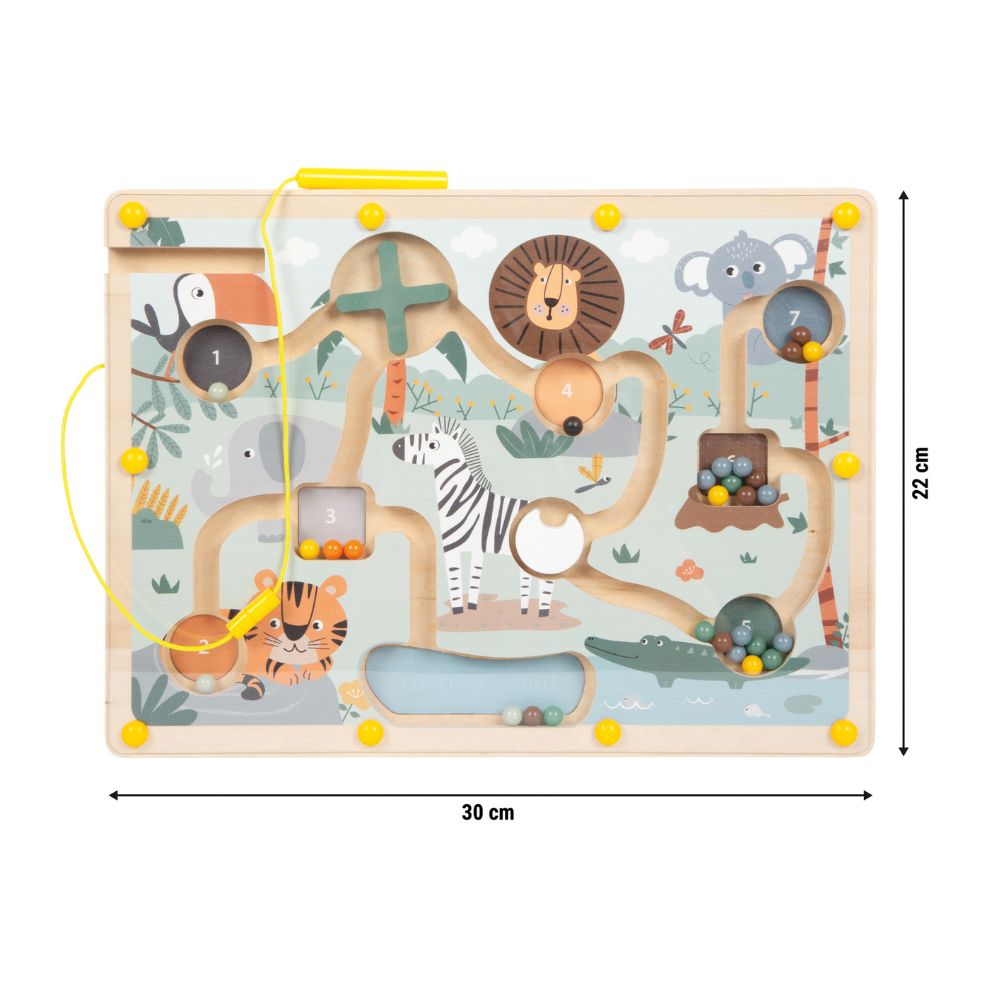 Labirint Magnetic din Lemn, Joc educativ cu bile colorate și obstacole, Safari, Small Foot
