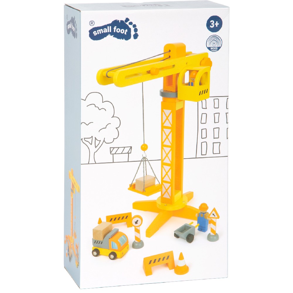 Macara din lemn cu 12 accesorii de șantier, Small Foot, 3 ani+