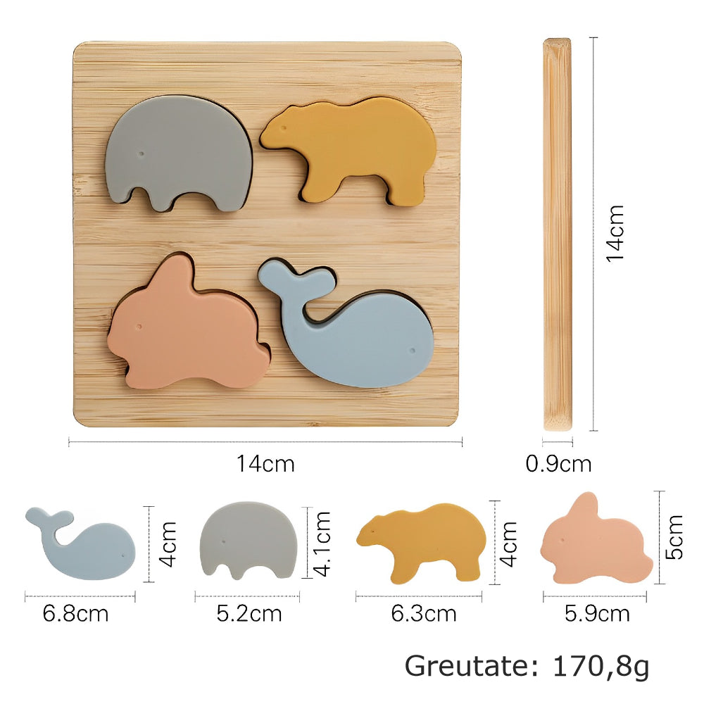 Puzzle educativ din lemn cu 4 animale din silicon, 6 luni+