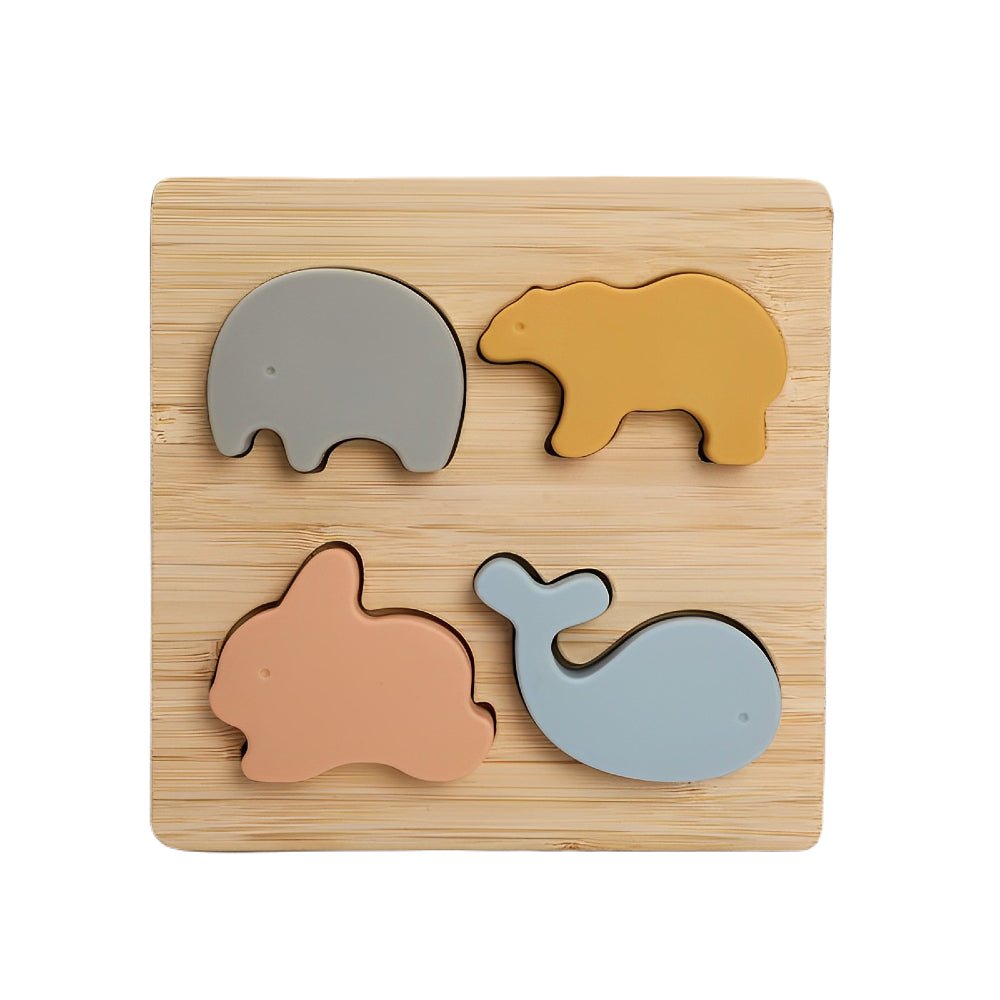 Puzzle educativ din lemn cu 4 animale din silicon, 6 luni+