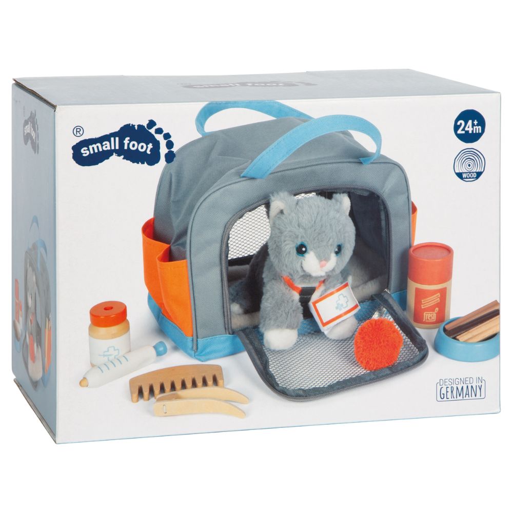 Pisicuță de pluș cu geantă de transport și set de îngrijire, Small Foot, 14 piese, 2 ani+