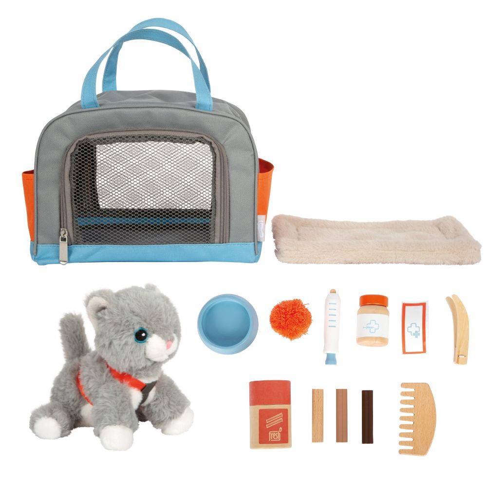 Pisicuță de pluș cu geantă de transport și set de îngrijire, Small Foot, 14 piese, 2 ani+
