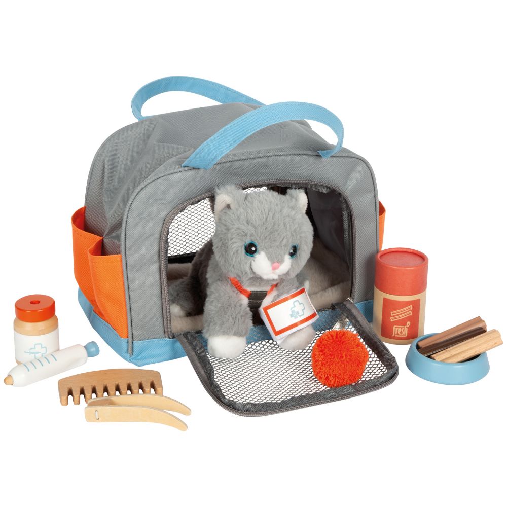 Pisicuță de pluș cu geantă de transport și set de îngrijire, Small Foot, 14 piese, 2 ani+
