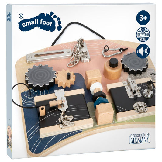 Placă senzorială de motricitate cu încuietori și mecanisme rotative, Small Foot, 3 ani+