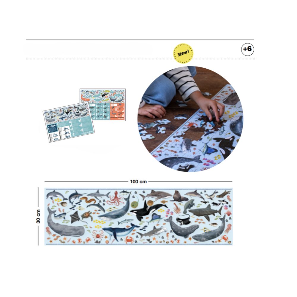 Puzzle-Animalele marine pe cale de dispariție, 200 piese, 100x30 cm, APLI, 6 ani+
