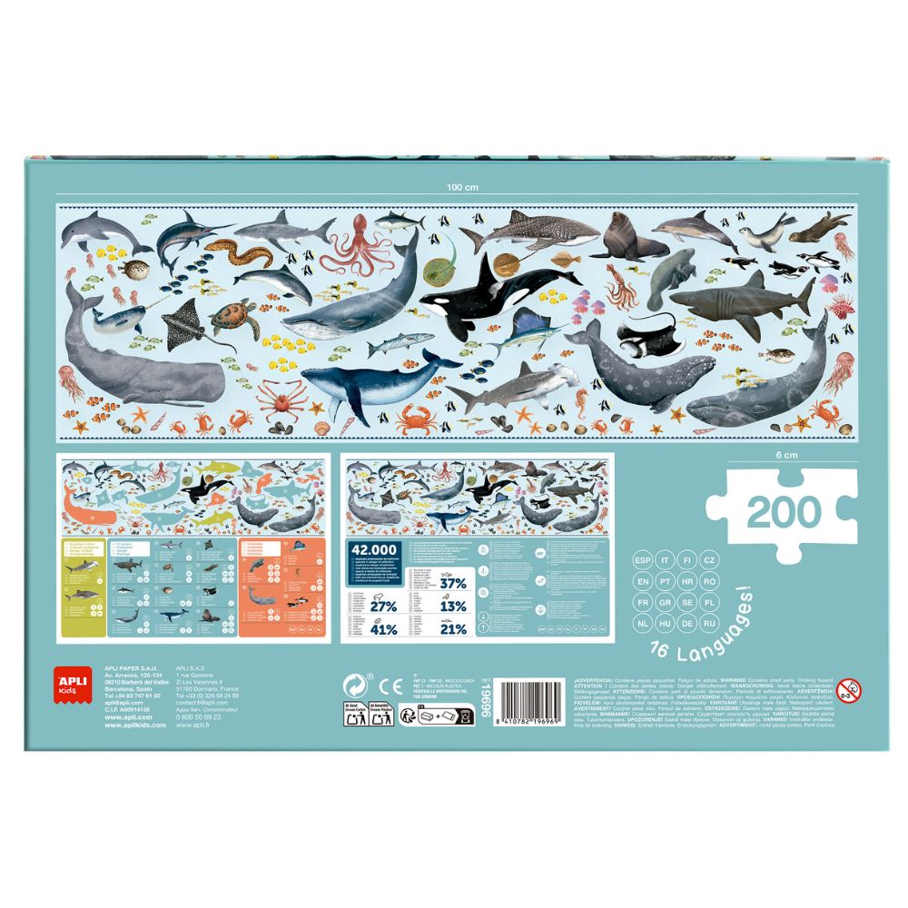 Puzzle-Animalele marine pe cale de dispariție, 200 piese, 100x30 cm, APLI, 6 ani+