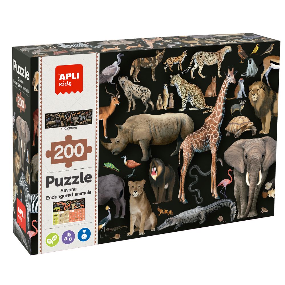 Puzzle-Animalele pe cale de dispariție, Savana, 200 piese, 100x30 cm, APLI, 6 ani+
