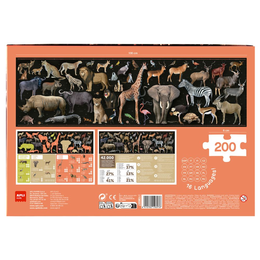 Puzzle-Animalele pe cale de dispariție, Savana, 200 piese, 100x30 cm, APLI, 6 ani+