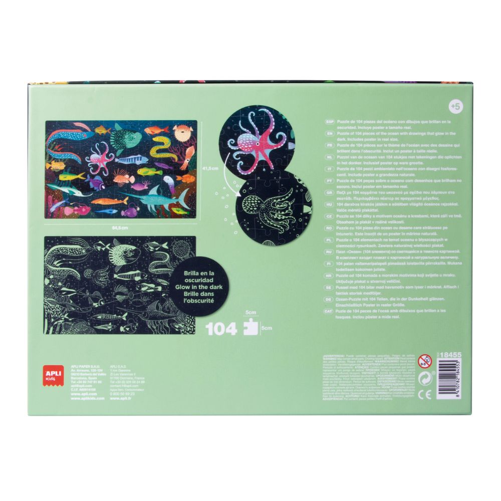 Puzzle forforescent, Animale Marine- Glow In The Dark, 104 piese, Apli, 5 ani+