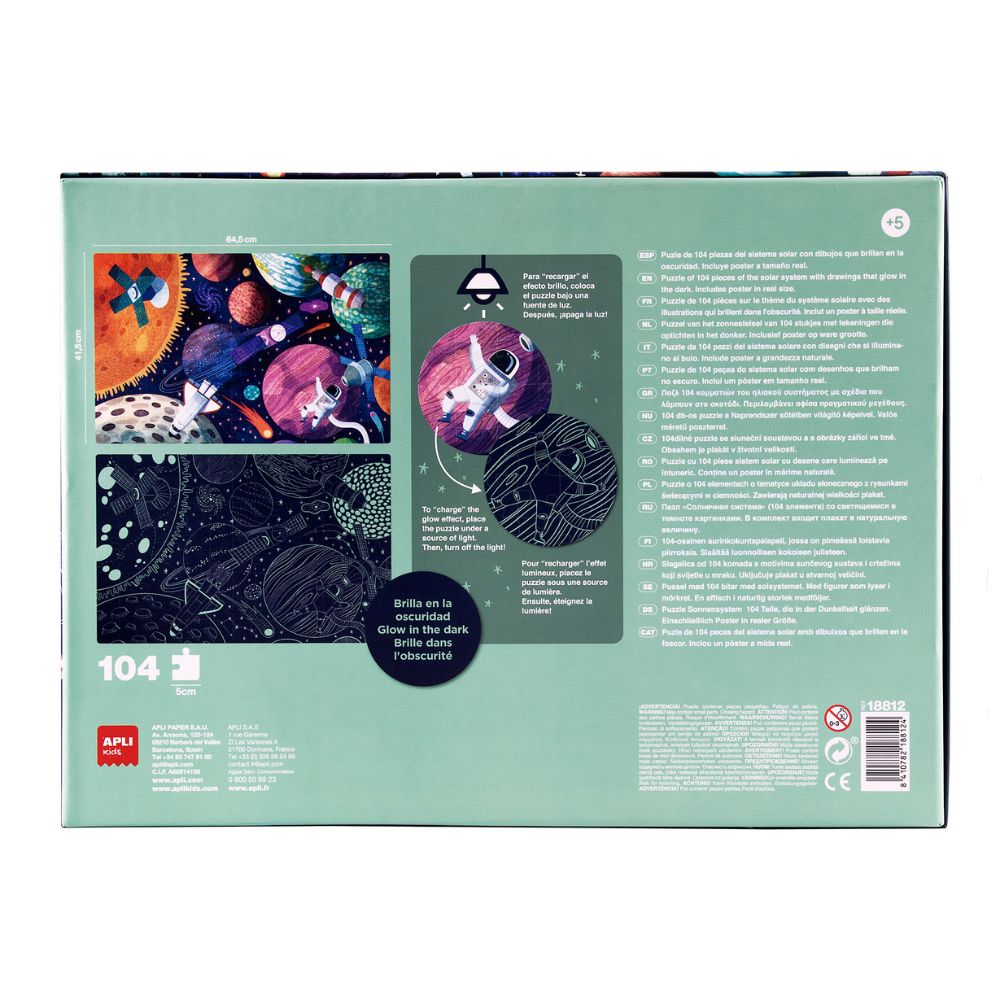 Puzzle forforescent, Sistemul Solar- Glow In The Dark, 104 piese, Apli, 5 ani+