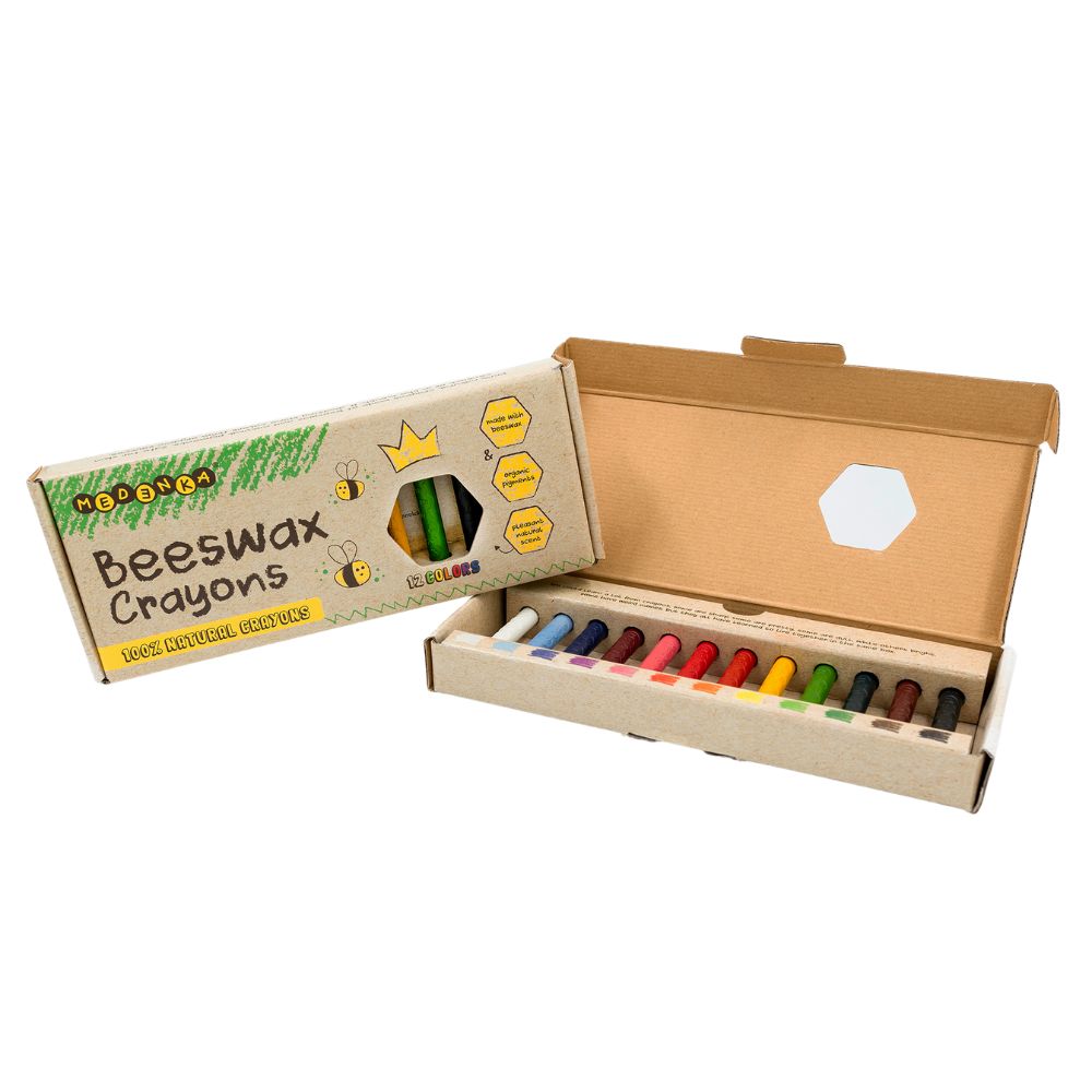 Set 12 Creioane colorate din ceară naturală de albine, CLASIC, Medenka, 3 ani+
