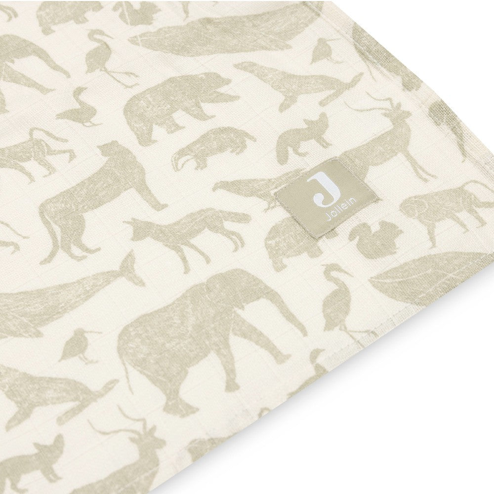 Set 2 museline din bumbac, Animale, Verde, Jollein, 115x115 cm, OEKO-TEX