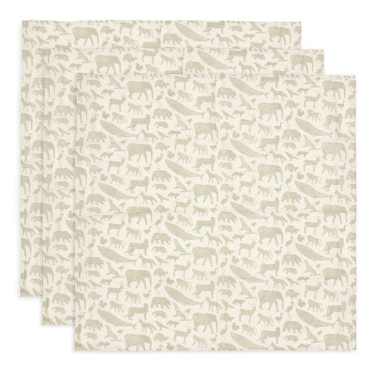 Set 3 museline din bumbac, Animale, Verde, Jollein, 70x70 cm, OEKO-TEX
