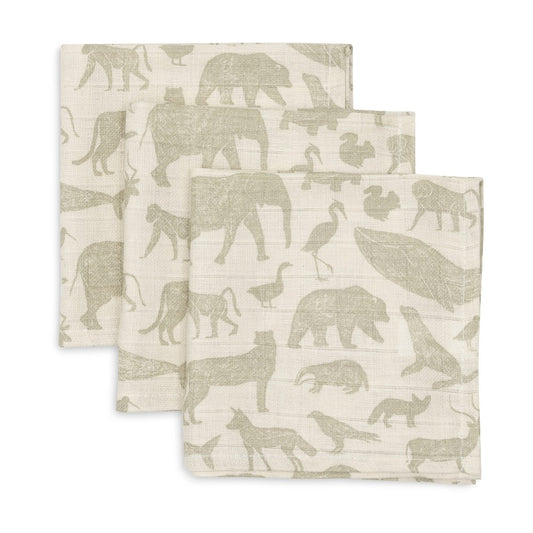 Set 3 museline din bumbac tip batistă, Animale, Verde, Jollein, 31x31 cm, OEKO-TEX
