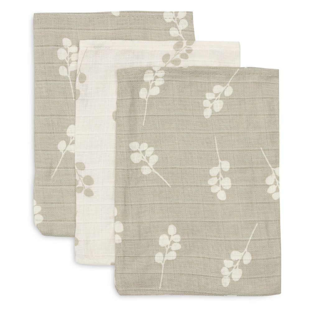 Set 3 museline din bumbac tip batistă de baie, Twig, Verde măslină, Jollein, 20x15 cm