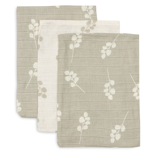 Set 3 museline din bumbac tip batistă de baie, Twig, Verde măslină, Jollein, 20x15 cm